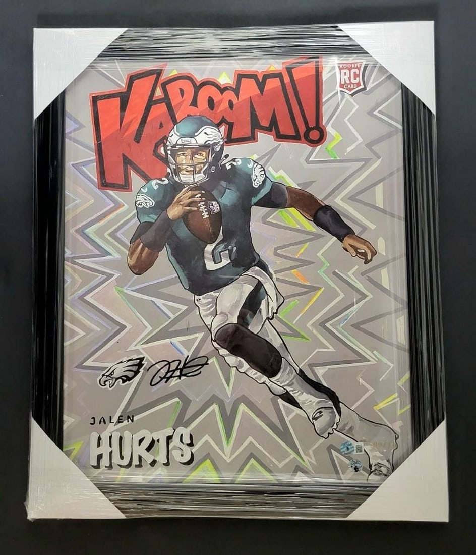 Jalen Hurts Signed Kaboom 9/10 Gold Ed. Beckett COA - 16'' x 20'' Art, Framed
