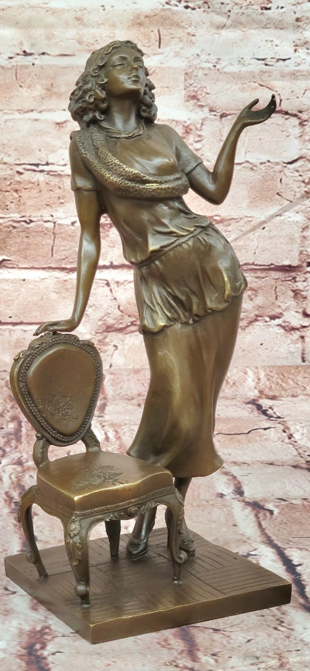 Bronze Flapper Woman Sculpture Art Deco Chair Statue - 10.5'' x 7'': Bronze Flapper Woman Sculpture Art Deco Chair Statue - 10.5" x 7" Introducing an Elegant Art Deco Bronze Sculpture: This beautiful depiction of a flapper woman seated gracefully in a chair cap