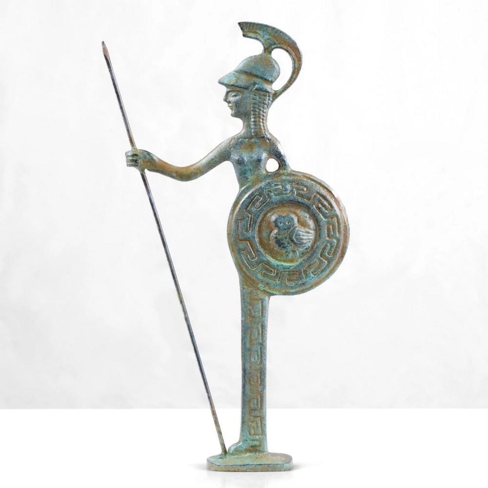 Athena with Owl Shield Bronze Figurine - (0.9lbs): Athena with Owl Shield Bronze Figurine - (0.9lbs) A striking reproduction of the Greek goddess Athena, this bronze sculpture features her iconic helmet, spear, and a large shield adorned with the owl