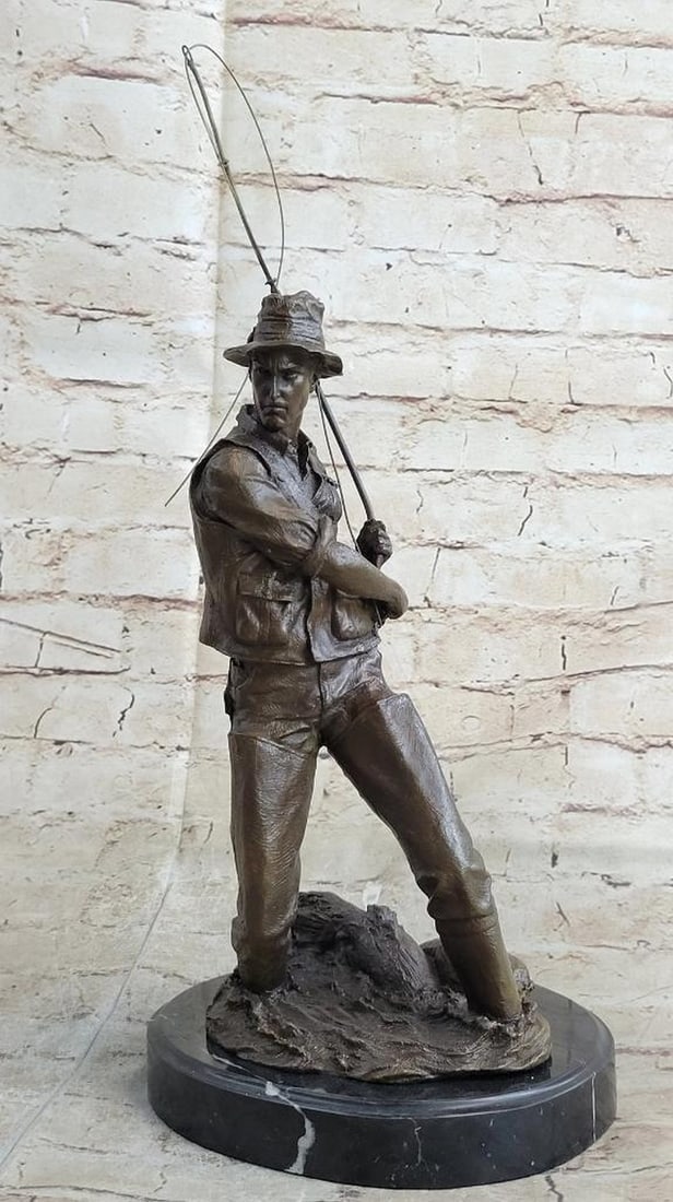 Man Fishing Bronze Sculpture on Marble Base by Thomas - 16'' x 8'' (1 of 6)