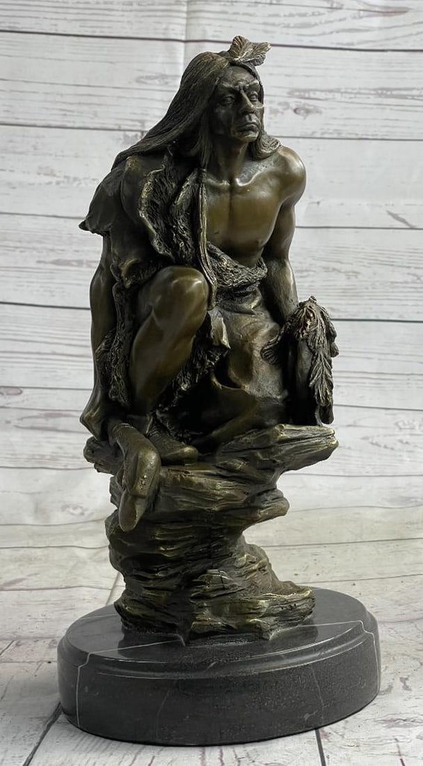 Signed Original Warrior Squatting On Rock Bronze Sculpture - 13'' x 6.5'' (1 of 7)