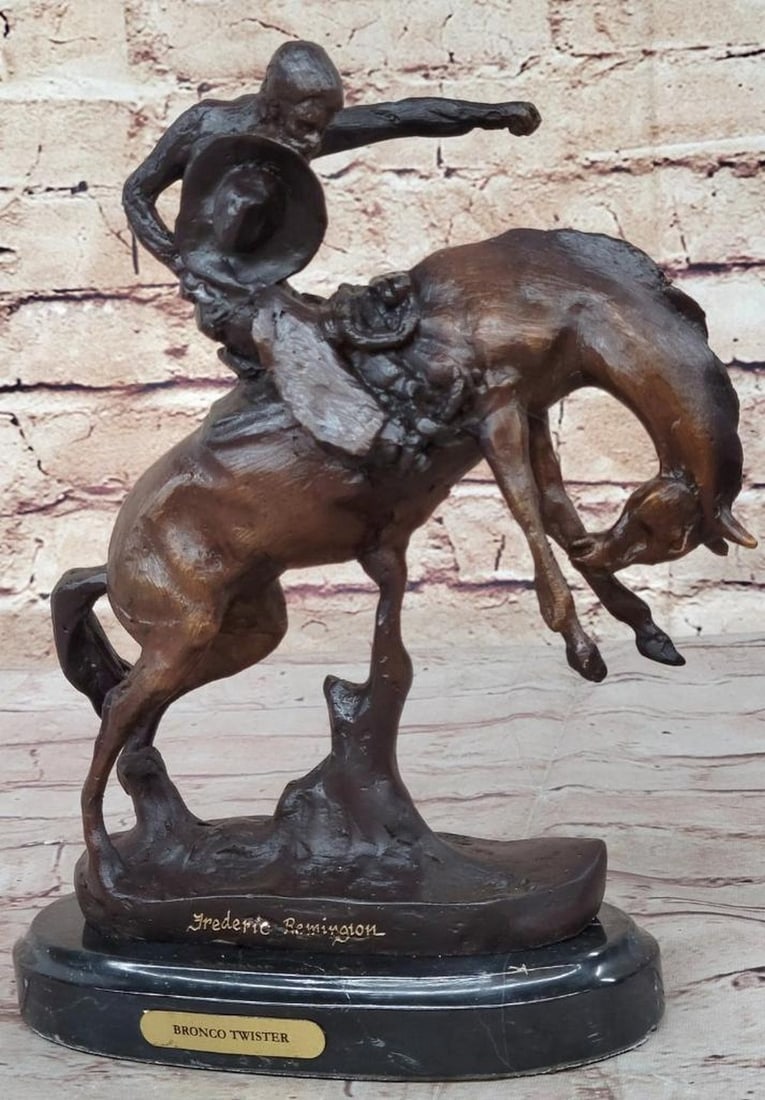 American Cowboy Riding Bronco Inspired Bronze Statue - 10'' x 10'': American Cowboy Riding Bronco Inspired Bronze Statue - 10" x 10" Step into the action of the Wild West with this dynamic bronze statue, 'Bronco Twister,' inspired by Frederic Remington's iconi