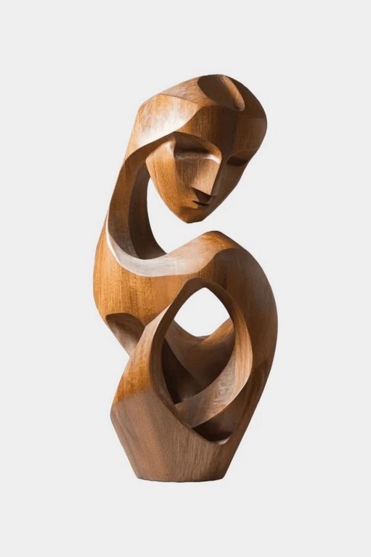 Contemplative Form' Wooden Abstract Figure Sculpture: 'Contemplative Form' Wooden Abstract Figure Sculpture A hand-carved wooden sculpture depicting a stylized human figure in a thoughtful, introspective pose. The flowing, openwork design features smooth