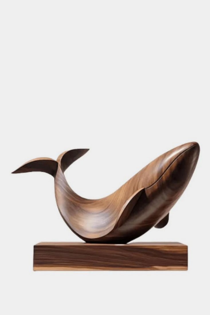 Graceful Whale' Wooden Abstract Sculpture: 'Graceful Whale' Wooden Abstract Sculpture A hand-carved wooden sculpture inspired by the fluid form of a whale, captured in a smooth, flowing design that evokes movement through water. The gently