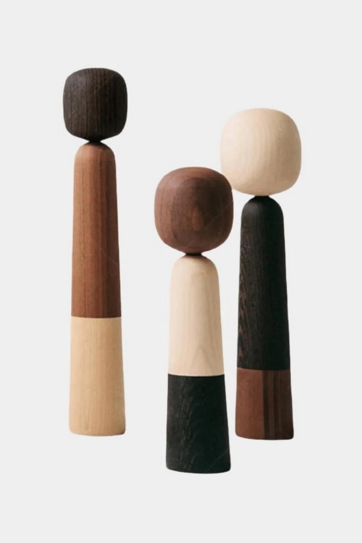 Echo Forms' Minimalist Wooden Figurine Trio: 'Echo Forms' Minimalist Wooden Figurine Trio A refined set of three minimalist wooden sculptures, each shaped with a cylindrical body and spherical head. Inspired by Scandinavian design, the figures