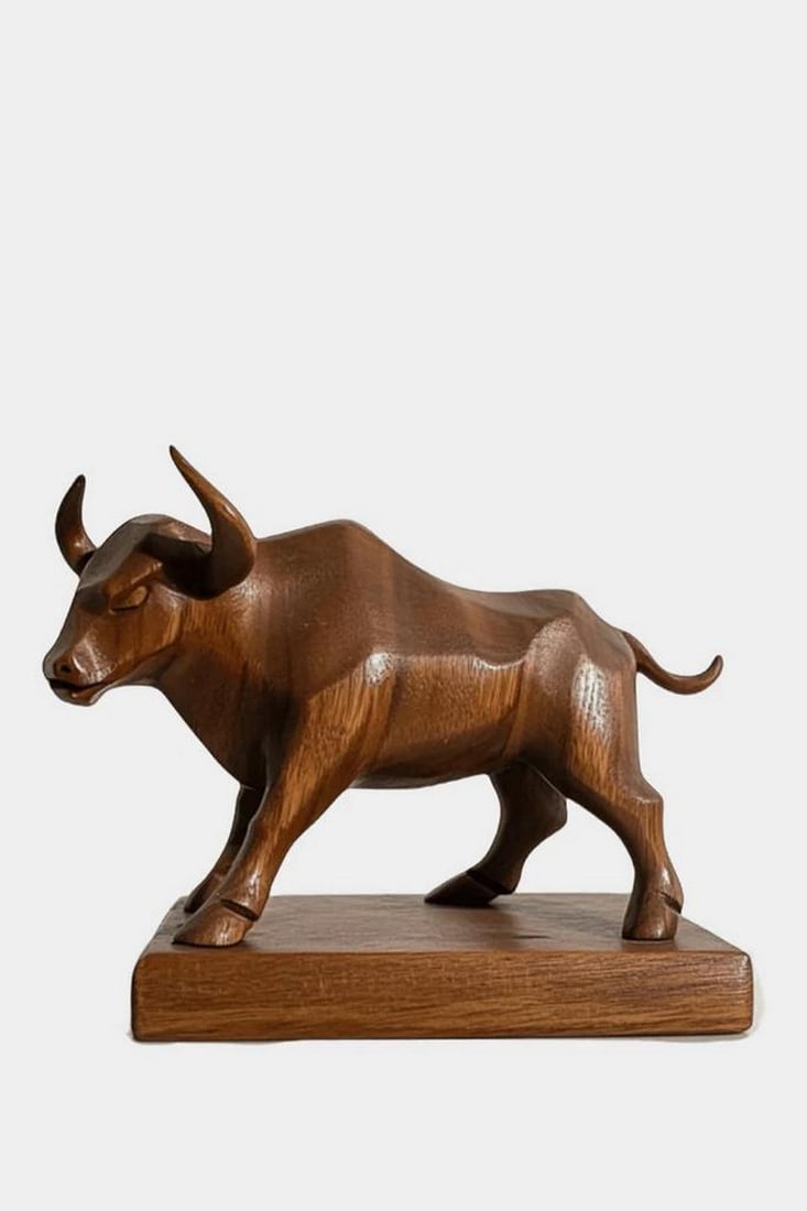 Strength in Form' Wooden Bull Sculpture: 'Strength in Form' Wooden Bull Sculpture A bold and elegant wooden sculpture capturing the raw power and grace of a stylized bull. With smooth, angular contours and a polished finish, the figure