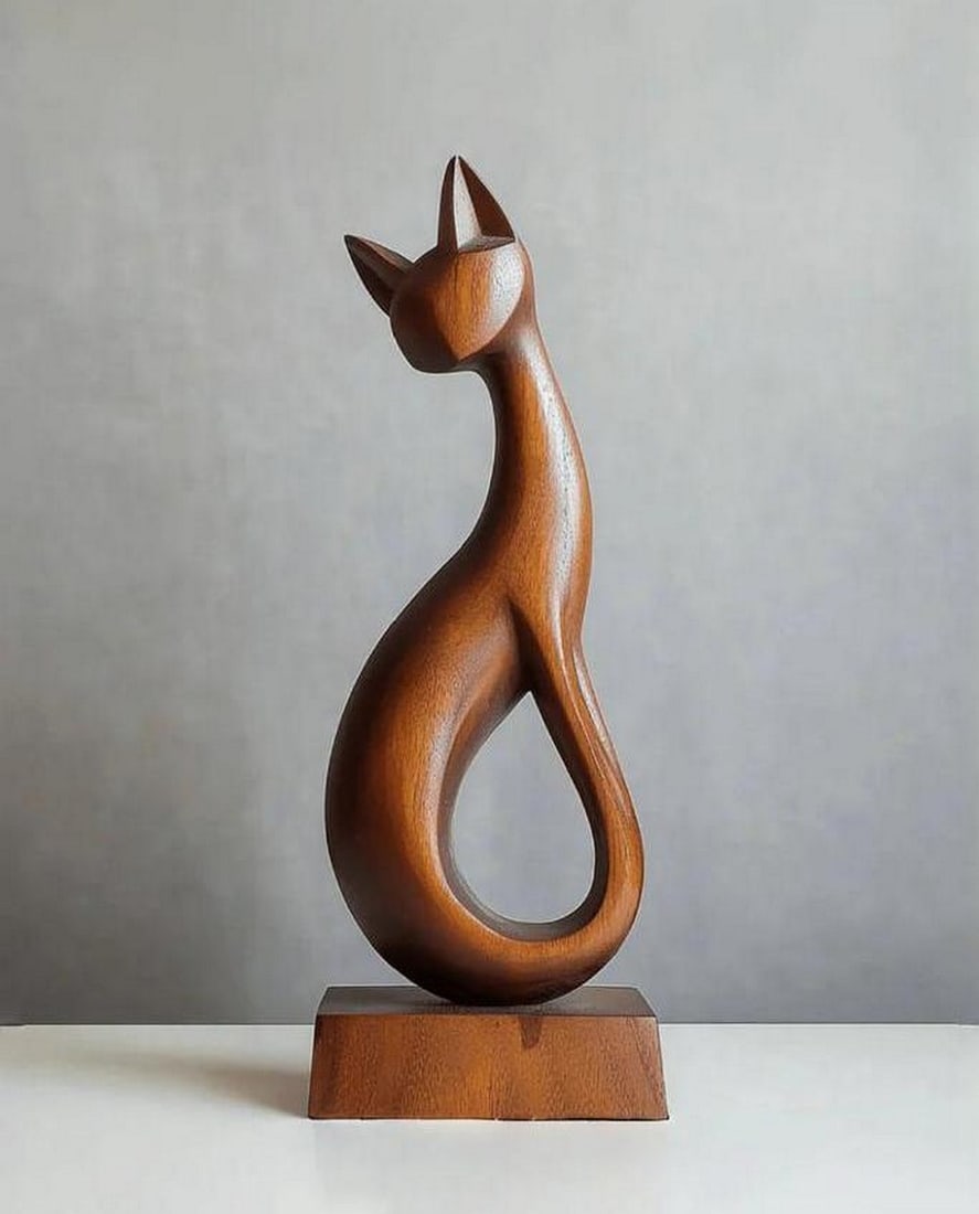 Graceful Curves: Minimalist Wooden Cat Sculpture: Graceful Curves: Minimalist Wooden Cat Sculpture This elegant wooden sculpture captures the serene posture of a cat through fluid, minimalist design. Crafted with smooth, continuous lines, the figure 