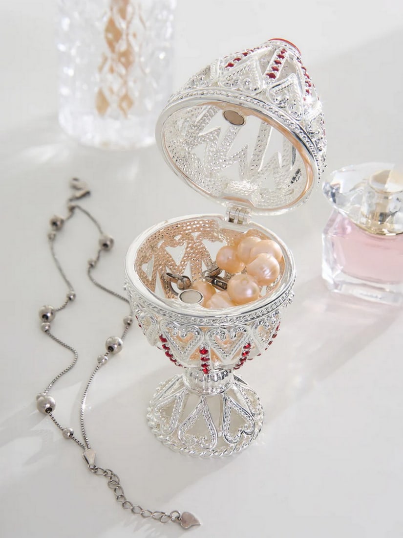 Silver Easter Heart Crystal Egg Trinket Box - 2