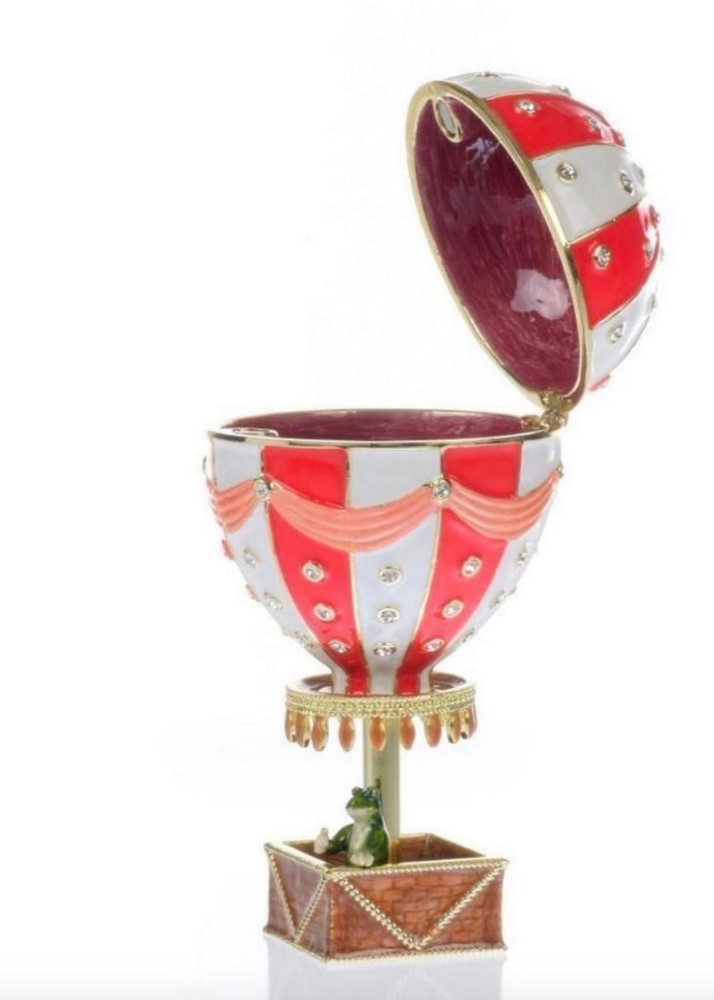 Red Hot Air Balloon With Frog In Basket Trinket Box: Red Hot Air Balloon With Frog In Basket Trinket Box Limited edition trinket box by Keren Kopal features handpicked and artistically placed crystals and a magnetic fastener for closure. Dimensions: 5.9