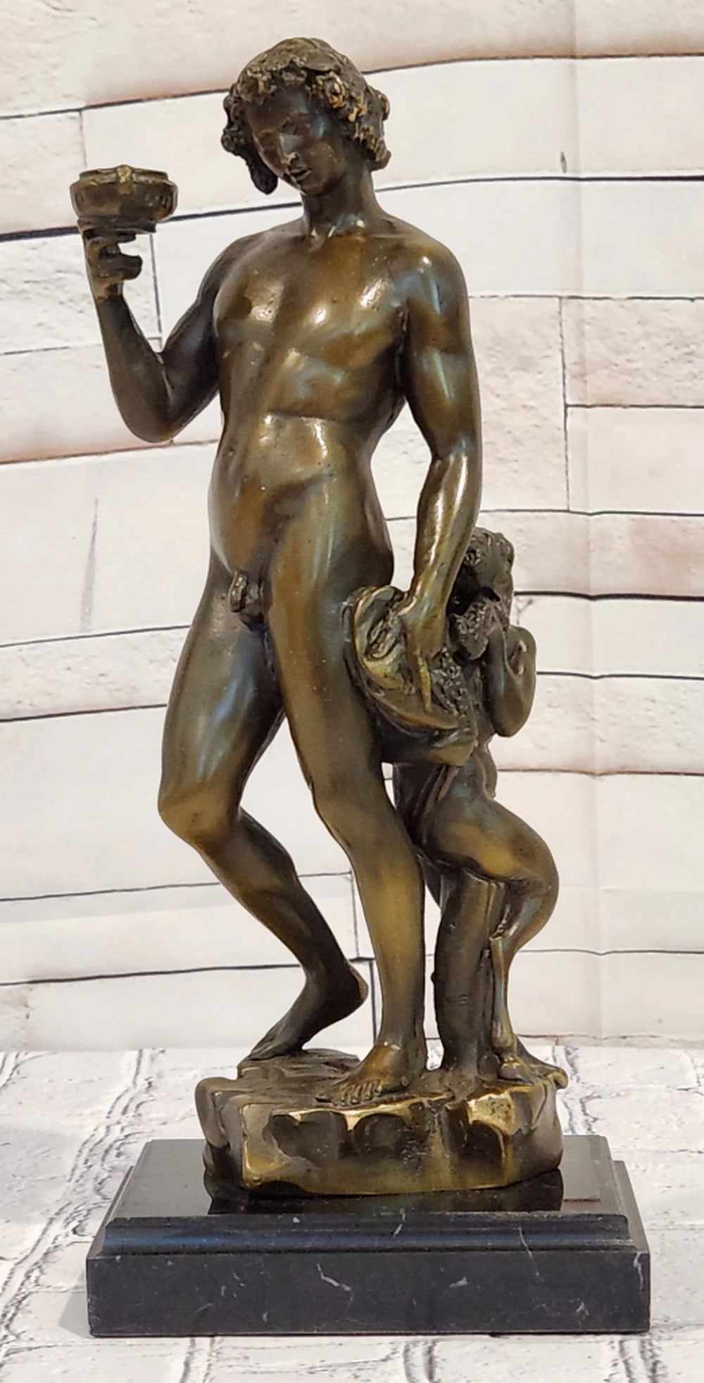 Dionysus (Bacchus) Bronze Sculpture After Michelangelo - 13'' x 5.5'': Dionysus (Bacchus) Bronze Sculpture After Michelangelo - 13" x 5.5" Introducing a Bronze Sculpture: This depiction of Dionysus, also known as Bacchus, is handcrafted with attention to detail.
