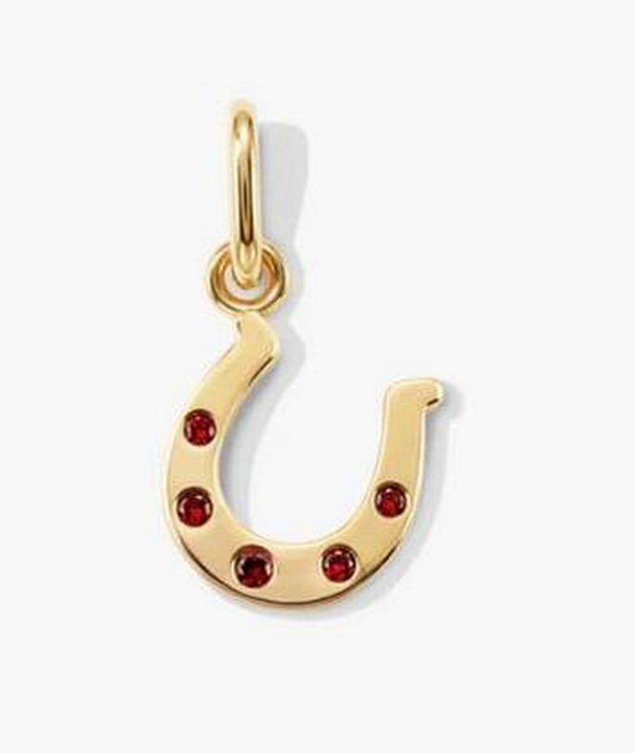 Horseshoe Charm in 14k Yellow Gold with Garnet: Horseshoe Charm in 14k Yellow Gold with Garnet This charm features a classic horseshoe design set with deep red garnets, symbolizing strength, vitality, and good fortune. The polished gold surface com