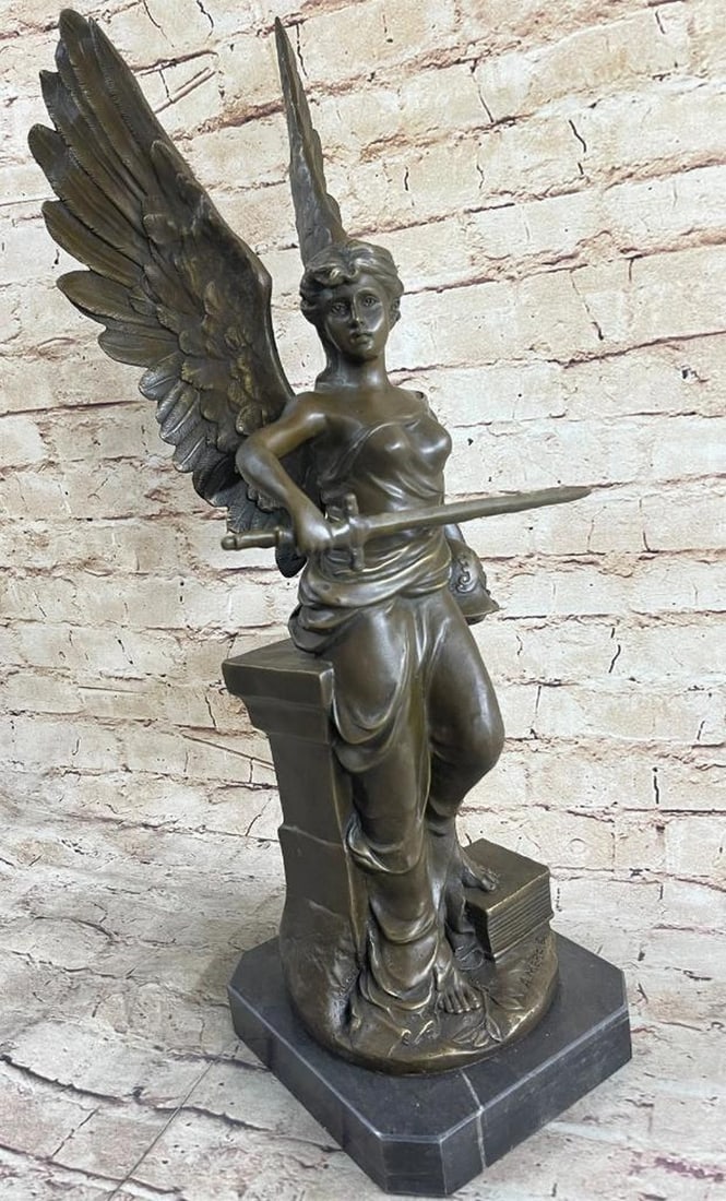 Inspired Winged Angel Warrior With Weapon Bronze Sculpture - 22'' x 8'': Inspired Winged Angel Warrior With Weapon Bronze Sculpture - 22" x 8" Behold the captivating presence of the Divine Angel, emanating a celestial radiance as she gazes resolutely into the cosmo
