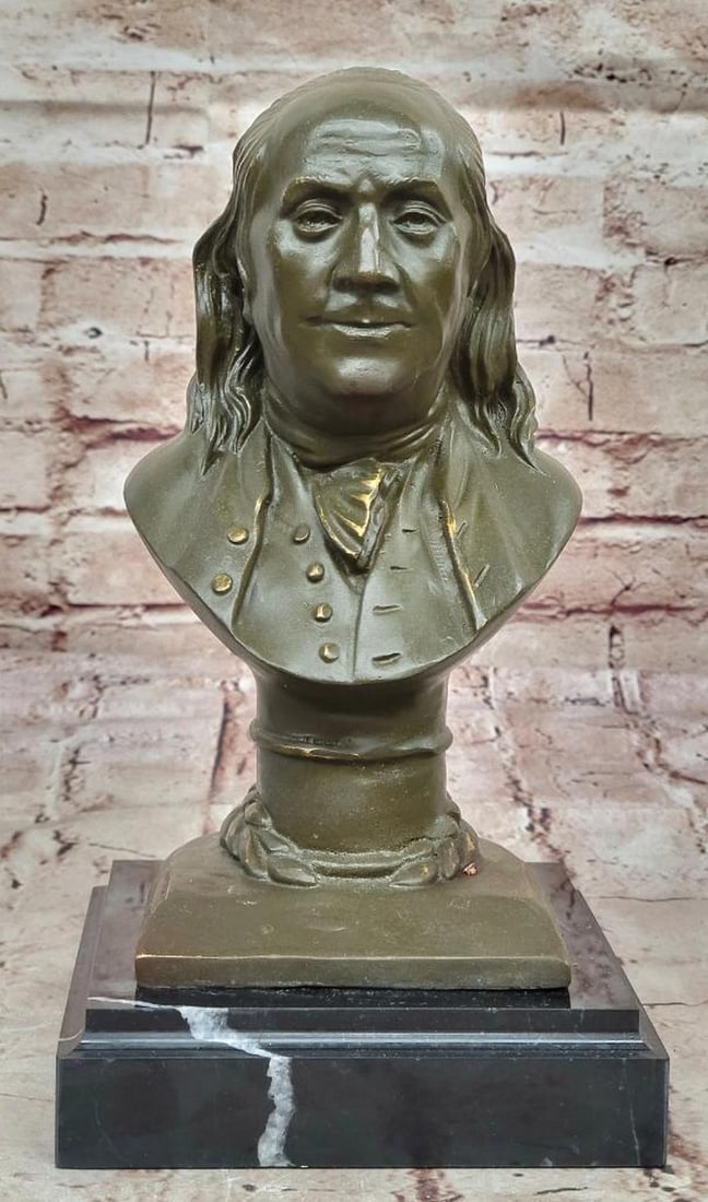 Original Benjamin Franklin Bronze Bust by Fisher - 10.5'' x 5.5'': Original Benjamin Franklin Bronze Bust by Fisher - 10.5" x 5.5" This finely crafted bronze bust of Benjamin Franklin honors the enduring legacy of a visionary statesman, inventor, and