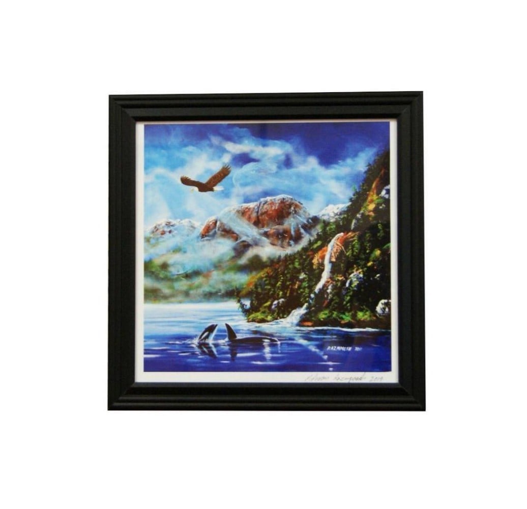 14'' x 14'' Eagle And Killer Whales Framed Art Print: 14" x 14" Eagle And Killer Whales Framed Art Print Adopted native artist Mehran Raz is known for painting murals on many buildings. He captured moment from the British Columbia coastline and