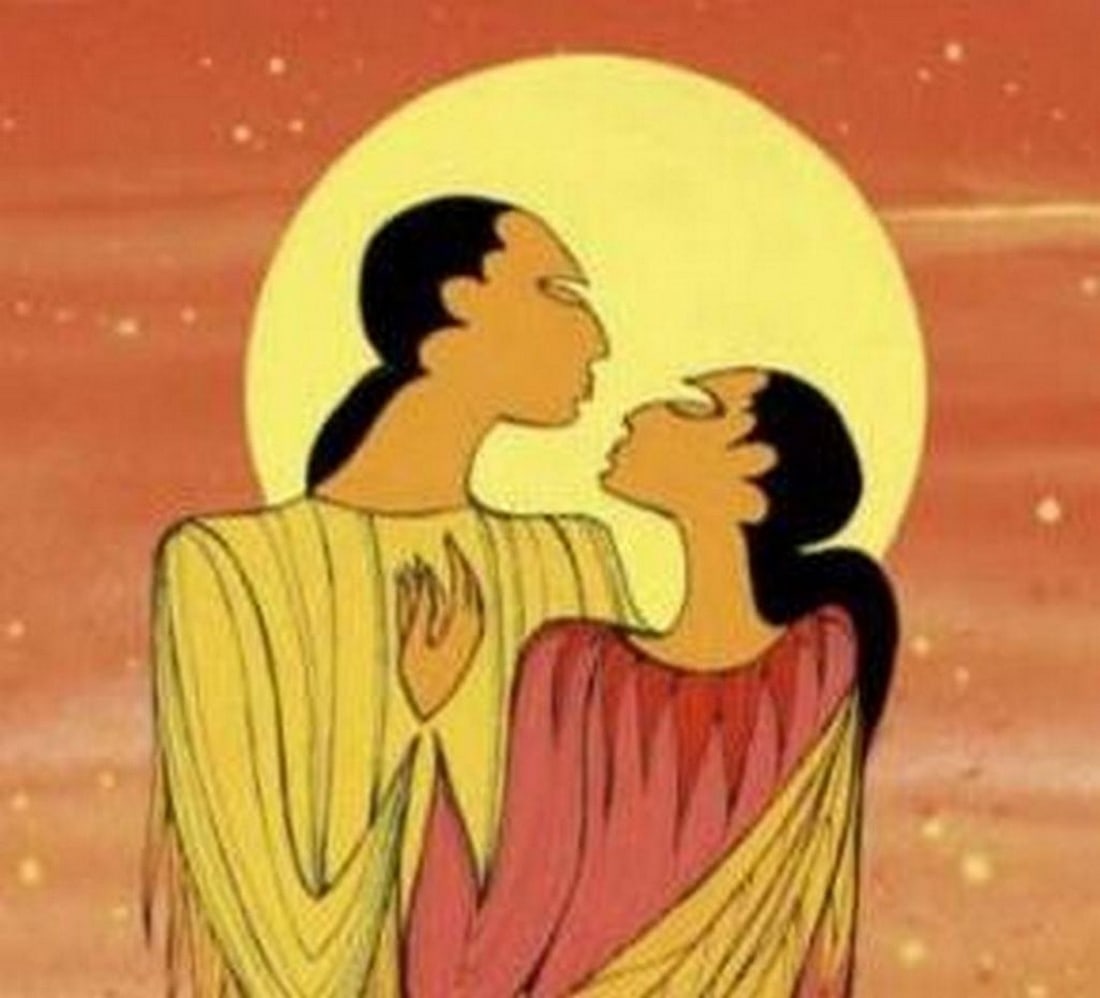 12'' x 14'' Maxine Noel's ''The Embrace'' Framed Art Print: 12" x 14" Maxine Noel's "The Embrace" Framed Art Print Born in Manitoba to Santee Oglala Sioux parents, Maxine spent her early childhood on her mother's reserve. However, at the age