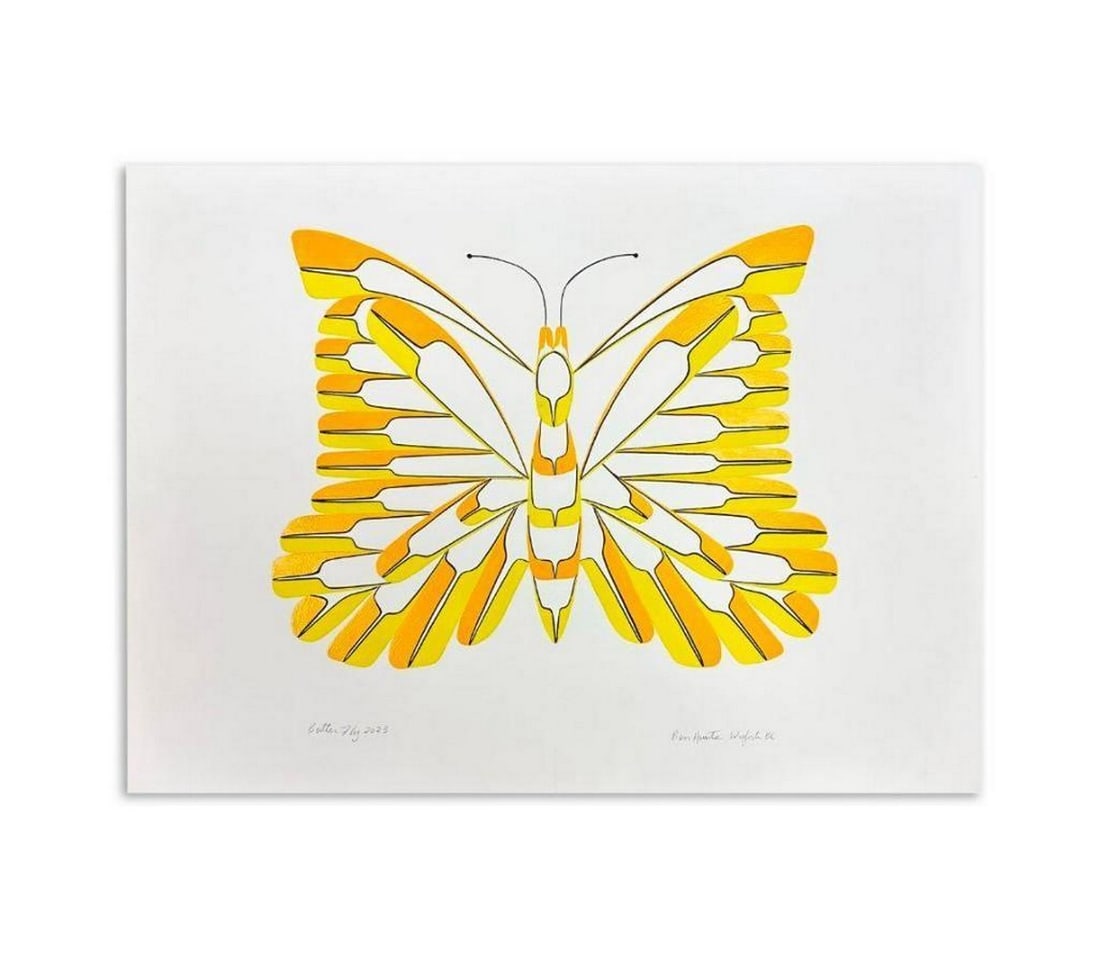 30'' x 22'' Original Bright Yellow Butterfly Painting by Ben Houstie: 30" x 22" Original Bright Yellow Butterfly Painting by Ben Houstie Artist: Ben Houstie Cultural Background: Heiltsuk, Bella Bella, BC (Waglisla) Heiltsuk artist Ben Houstie was born in Bella B