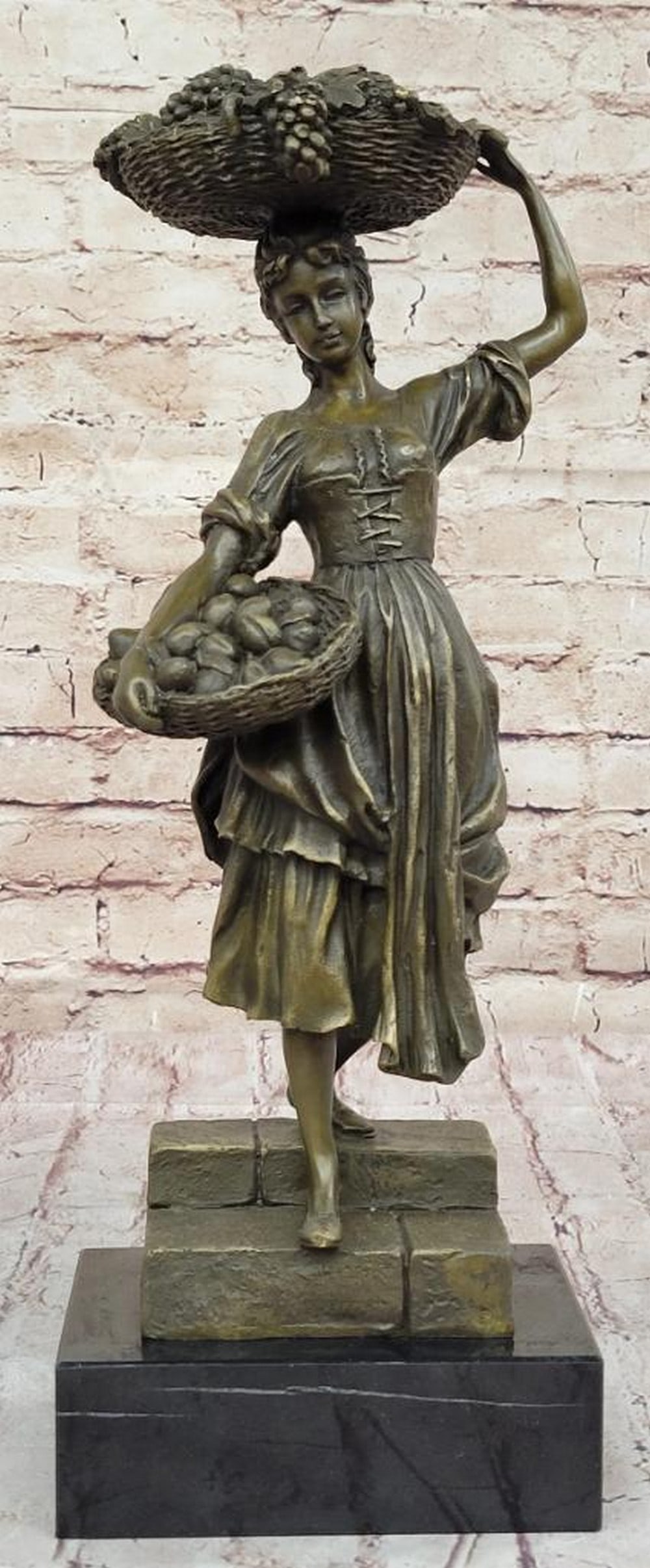 Maiden With Fruit Basket Original Bronze Sculpture Signed by Cesaro - 15.5'' x 6'': Maiden With Fruit Basket Original Bronze Sculpture Signed by Cesaro - 15.5x34 x 6x34 Experience the beauty of original artwork with the meticulously crafted Maiden With Fruit Basket sculpture by Cesar