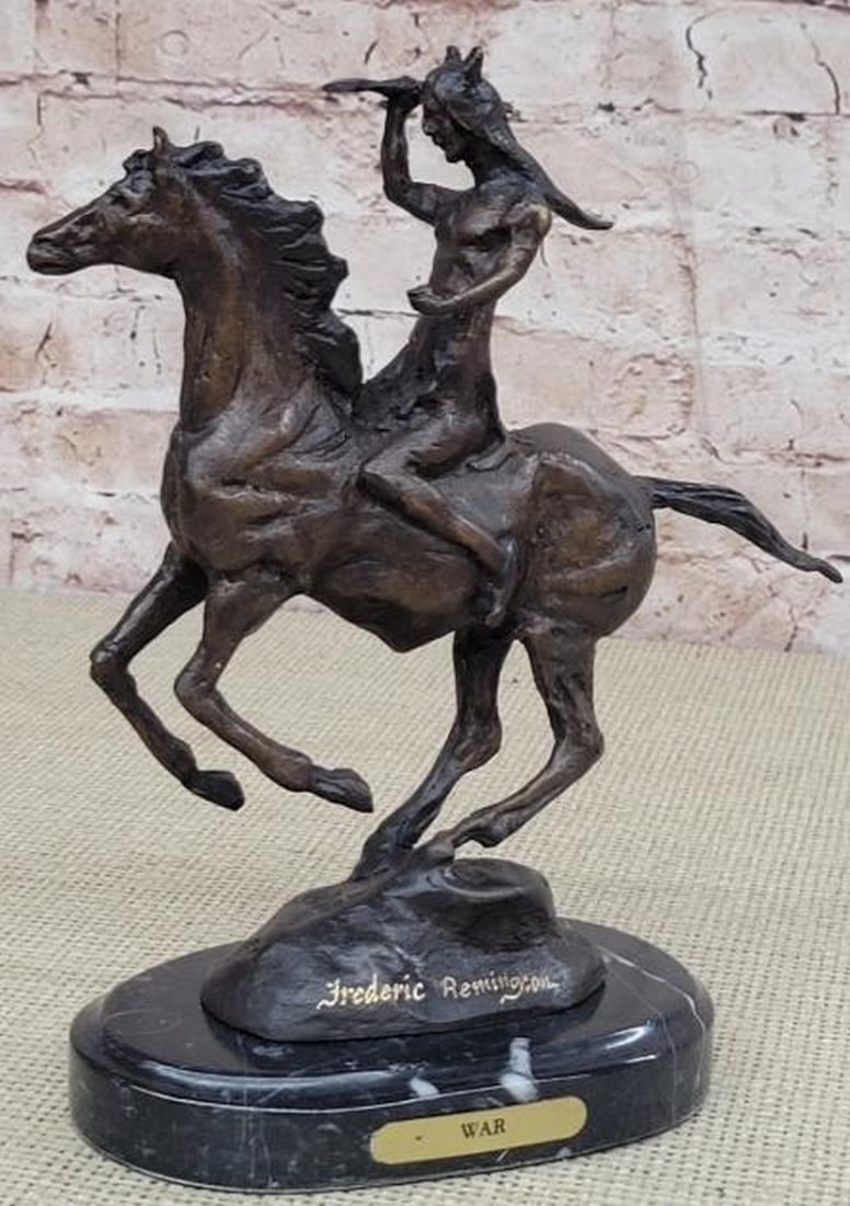 Native American Warrior on Horseback Bronze Sculpture: Western War Native American Bronze Horseback Statue This is a very interesting sculpture of a Native American chief. He sits on his trusted horse and wanders the land, holding a gun and prepared for a