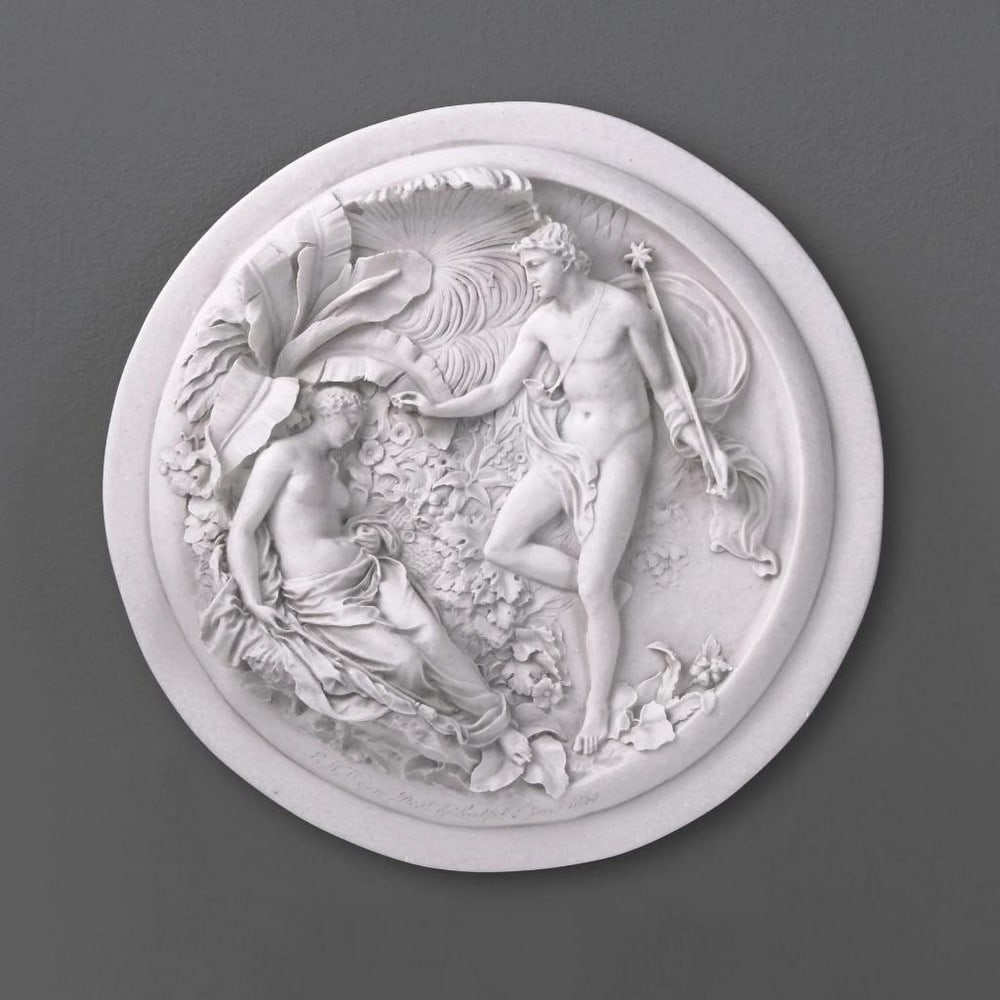 Enchanted Harmony: Oberon and Titania Bas-Relief by E.W. Wyon, 1848 - 7'' x 7'': Enchanted Harmony: Oberon and Titania Bas-Relief by E.W. Wyon, 1848 - 7x34 x 7x34 Indulge in the enchanting world of Shakespearean fantasy with our x34 Enchanted Harmony: Oberon and Titania Bas-Relief
