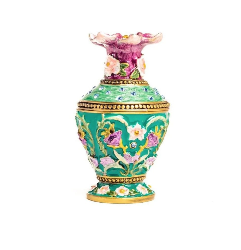 Green Vase Trinket Box: Green Vase Trinket Box Enamel Painted Trinket Box Decorated with Austrian Crystals Each crystal is handpicked and artistically placed on each piece. The trinket box has a magnetic fastener to secure t