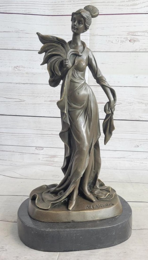 Young Woman with Feather Original Bronze Sculpture by Aldo Vitaleh - 13'' x 7'': Young Woman with Feather Original Bronze Sculpture by Aldo Vitaleh - 13x34 x 7x34 Envision the graceful silhouette of a young woman strolling through her garden, basking in the gentle morning