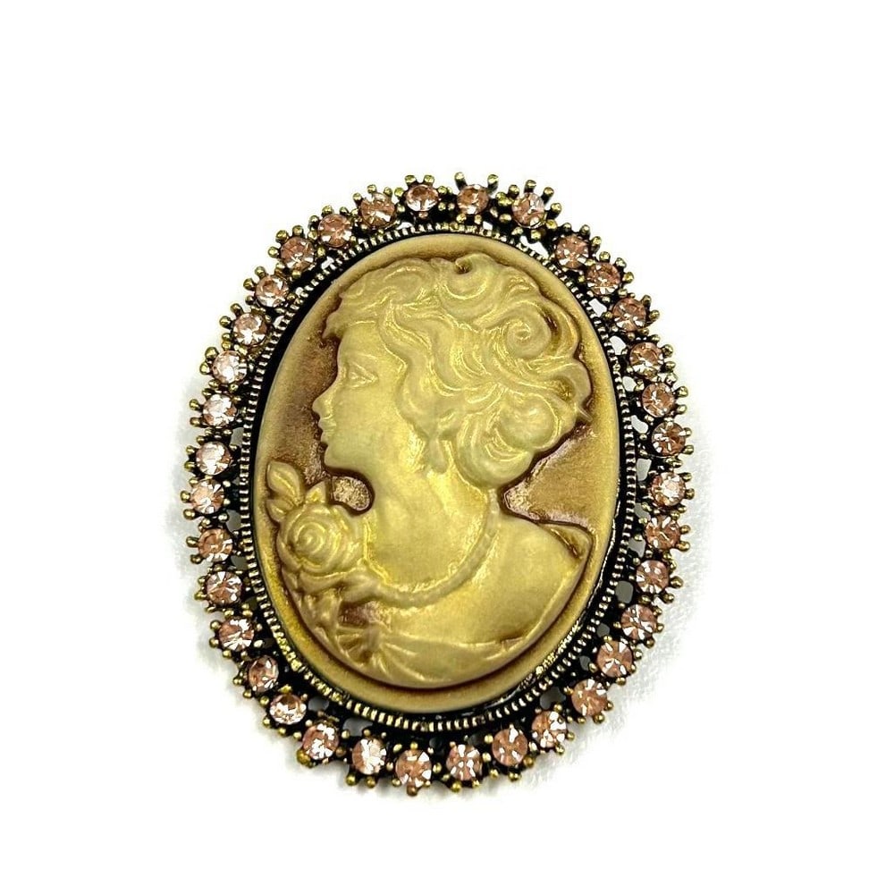 Elegant Champagne Rhinestone and Enamel Ladies Cameo Brooch: Elegant Champagne Rhinestone and Enamel Ladies Cameo Brooch View photos for further details.