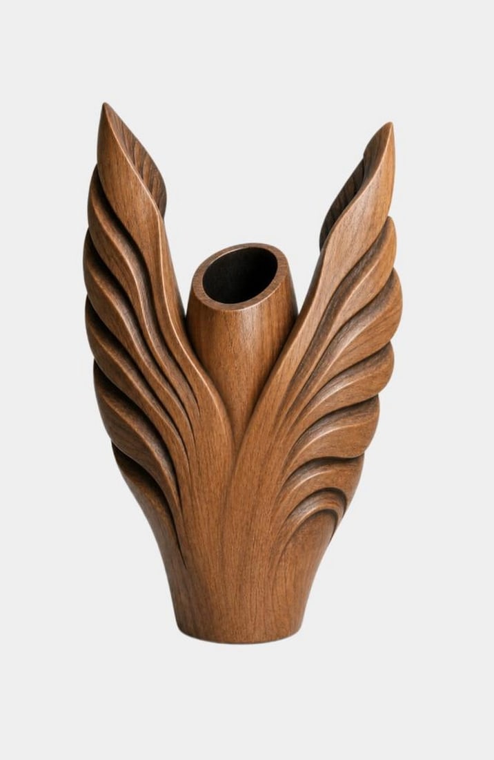Guardian Wings' - Sculptural Wooden Vase: 'Guardian Wings' - Sculptural Wooden Vase Inspired by the graceful form of protective wings, this handcrafted wooden vase features flowing carved contours and a beautifully balanced silhouette. The ri