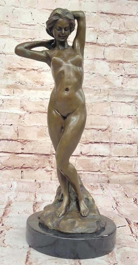 Bronze Nude Woman Statue on Marble Base - 15'' x 6'': Bronze Nude Woman Statue on Marble Base - 15" x 6" This original bronze sculpture by Mavchi represents a nude female figure rendered in an abstract Art Deco style. Crafted using the traditiona