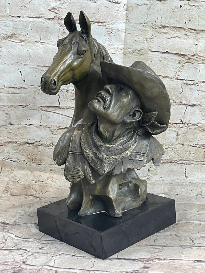 Western Art Old West Cowboy With Horse Bronze Bust Sculpture Marble Statue Decor: Introducing the ''Trusted Companions'' sculpture, where a cowboy and his horse unite in a timeless bond, ready to embark on an adventurous trail ride. Crafted meticulously in bronze, this exquisite pi