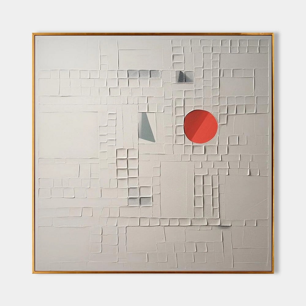 White Plaster Art The Red Circle Minimalist Canvas Painting: White Plaster Art The Red Circle Minimalist Canvas Painting The White Plaster Art: The Red Circle minimalist canvas painting presents a striking contrast of pure white and bold red. With its clean lin
