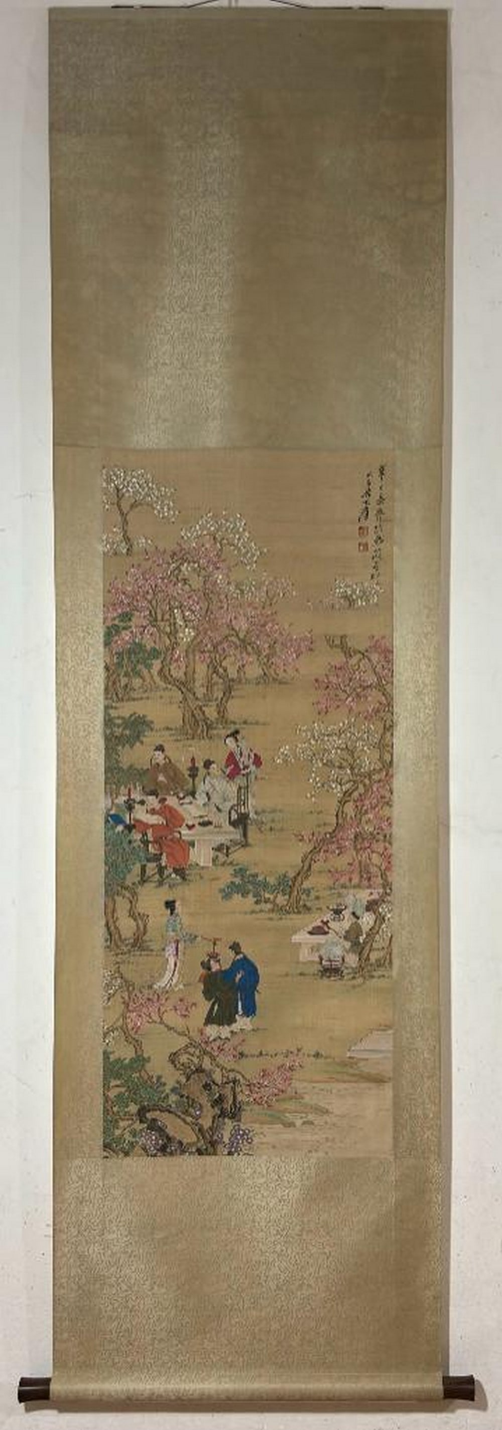 Inspired Chinese Brush Handpainting on Silk Scroll Bearing the Mark of Zhang Daqian: Inspired Chinese Brush Handpainting on Silk Scroll Bearing the Mark of Zhang Daqian An inspired Chinese brush handpainting on silk scroll, bearing the mark of Zhang Daqian. This vibrant composition ca