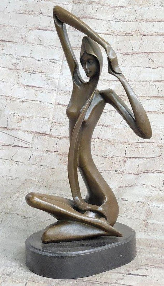 Grand Abstract Nude Female Bronze Figure Sculpture by Italian Artisan Aldo Vitaleh: A figurative sculpture captures the essence of a nude woman engaged in a graceful stretch, showcasing remarkable flexibility. The elongation of her limbs is accentuated as one arm extends gracefully o