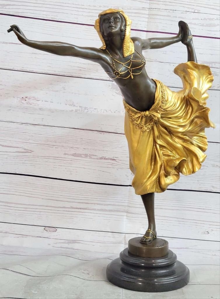 Colinet Inspired Golden Arabesque Dancer Bronze Sculpture - 17'' x 12'': Colinet Inspired Golden Arabesque Dancer Bronze Sculpture - 17" x 12" A fabulous bronze sculpture by Claire Jeanne Roberte Colinet depicting a semi- nude flexible dancer in Egyptian headdress ex