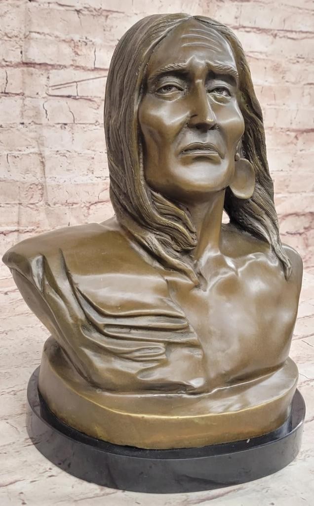 Whispers of Heritage Soul of The Native American Chief in Original Bronze Sculpture - 13.5'' x 10'': Whispers of Heritage Soul of The Native American Chief in Original Bronze Sculpture - 13.5" x 10" Crafted by the esteemed artist Milo, this exceptional bronze bust sculpture pays homage to a rev