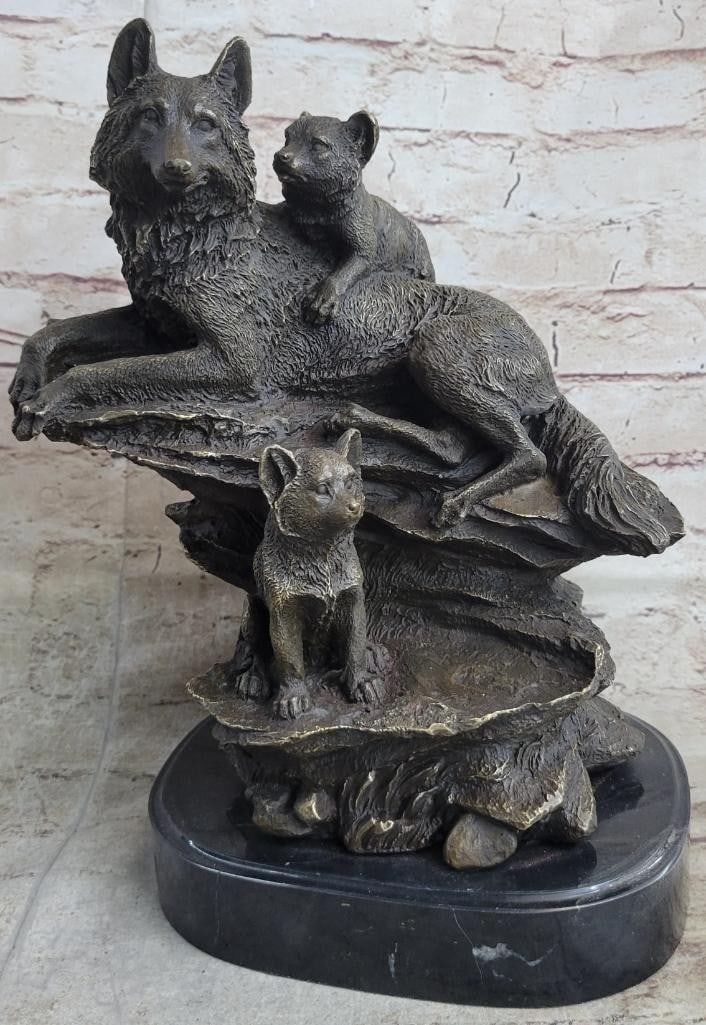 Barye Inspired Family Of Wolves Bronze Sculpture On Marble Base - 12.5'' x 10'': Barye Inspired Family Of Wolves Bronze Sculpture On Marble Base - 12.5" x 10" The wolf mother and cubs can be imagined to be seen, masked by the falling snowflakes, sitting among the rocks of th
