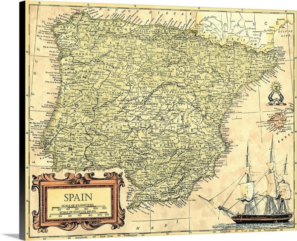 Spain Map Canvas Print: Spain Map Canvas Print A vintage-style canvas print featuring a detailed map of Spain. Perfect for adding a touch of classic European charm to any space, this piece combines cartographic elegance
