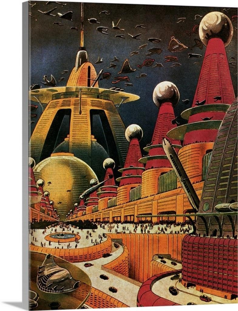 Future Atomic City Canvas Print by Frank R. Paul: Future Atomic City Canvas Print by Frank R. Paul A vivid canvas reproduction of Future Atomic City by Frank R. Paul, one of the founding visionaries of science fiction art. Known for his futuristic ci