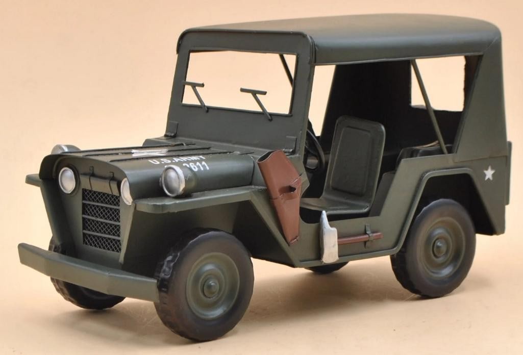 Rustic Willy's Overland US Army Jeep - Green Die Cast Metal Decor: Rustic Willys Overland US Army Jeep - Green Die Cast Metal Decor Decorate any table, desk, or shelf with sporty charm using our Rustic Willys Overland US Army Jeep Sculpture. Featuring a rustic iron f