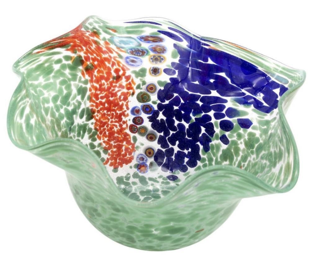 Rainbow Green Murano Glass Centerpiece Bowl: Rainbow Green Murano Glass Centerpiece Bowl A captivating decorative piece. It features a gradient of colors transitioning from green at the bottom to a blend of purple and blue towards the top. The b