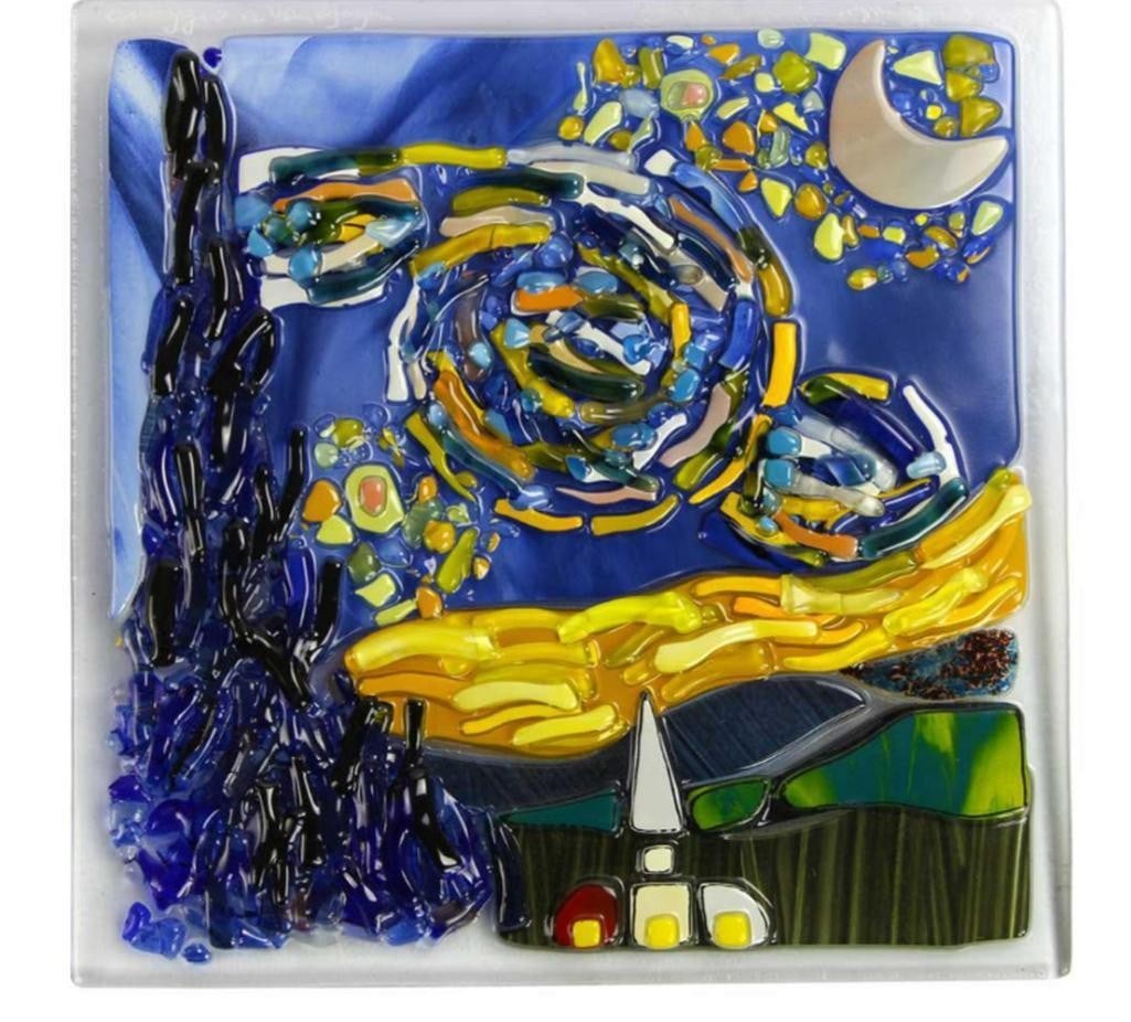 Night with Stars - Van Gogh Inspired - Murano Glass Wall Art: Night with Stars - Van Gogh Inspired - Murano Glass Wall Art This Murano glass piece depicts a scene inspired by Van Gogh's famous ''Cafe'' painting, recreated with attention to detail by skilled arti