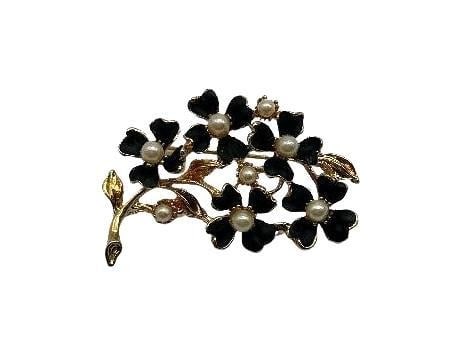 Black Floral White Pearl and 18KTEP Yellow Gold Brooch: Black Floral White Pearl and 18KTEP Yellow Gold Brooch This tasteful brooch can be matched to suit any outfit. Genuine Natural High Quality, Semi-Precious Stones, Hand-Prong Set, and Hand Finished. Ni