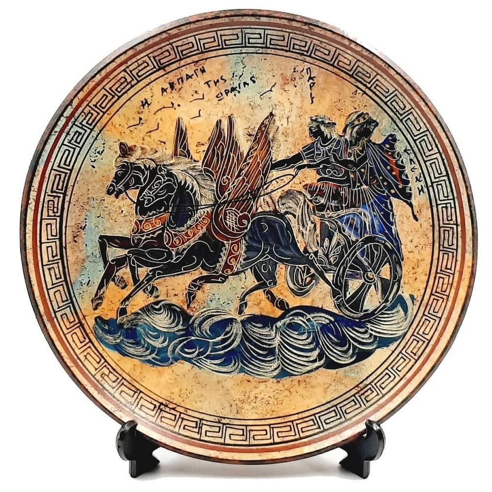 Greek Ceramic Plate - Paris Abducts Helen Replica: Greek Ceramic Plate - Paris Abducts Helen Replica This 28 cm Ancient Greek-inspired decorative ceramic plate reflects the tradition of mythological storytelling found in classical pottery. The multico