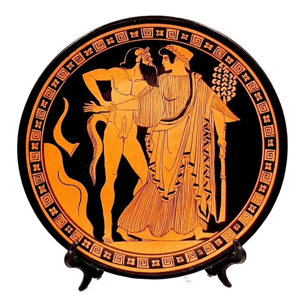 Greek Red-Figure Ceramic Plate - Satyr and Maenad Replica: Greek Red-Figure Ceramic Plate - Satyr and Maenad Replica This 24 cm Ancient Greek-inspired ceramic plate reproduction is based on red-figure pottery developed in Athens around 530 BCE and reflects th
