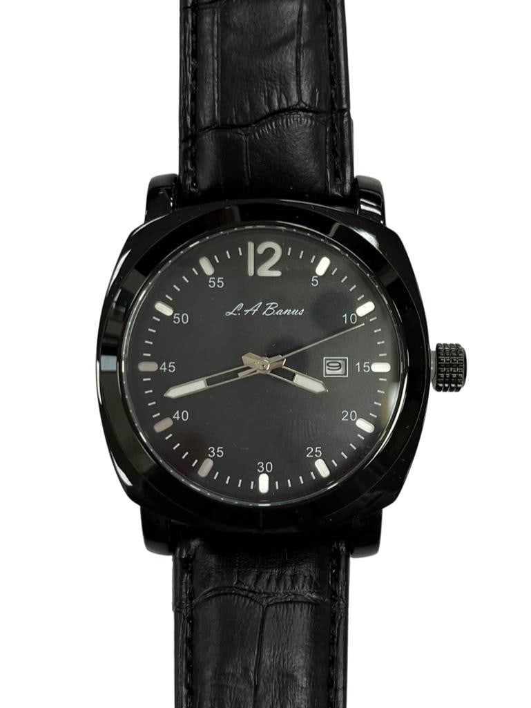 Mens L.A Banus Midnight Black Gloss Finish & Genuine Leather Band Watch (1 of 2)
