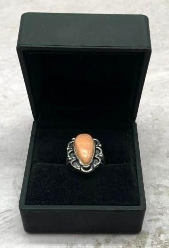 Orange Amazonite Pear Shape Gemstone Ring - Size 8.5 - 2