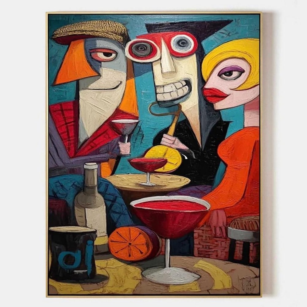 Social Vibes Cubist Pop Art Oil Canvas Painting: Social Vibes Cubist Pop Art Oil Canvas Painting Add a splash of personality to your space with Social Vibes, a cubist pop art oil canvas painting that celebrates connection and color. Three stylized f