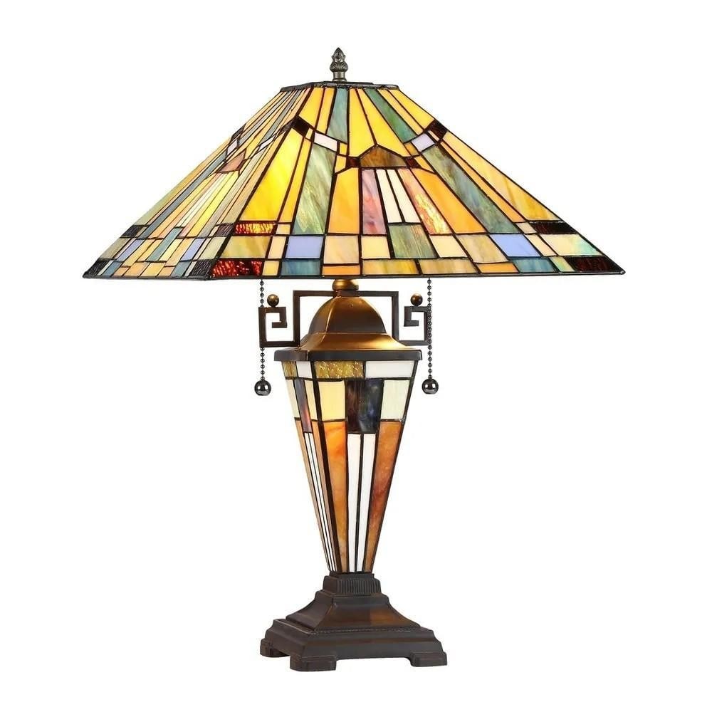 Tiffany Style Mission Design 2+1-Light Blackish Bronze Table Lamp: Tiffany Style Mission Design 2+1-Light Blackish Bronze Table Lamp Add a warm, inviting glow to your home with this handcrafted Tiffany-style table lamp. Featuring a blackish bronze base and staine