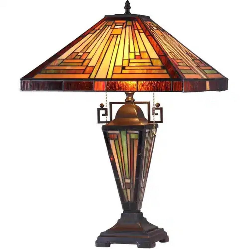 Sun-Kissed Tiffany-Style Art Glass Table Lamp - Dual Light: Sun-Kissed Tiffany-Style Art Glass Table Lamp - Dual Light Tiffany-style table lamp featuring an art glass shade composed of beige, amber, and green tones. The shade is handcrafted from over 270 stain