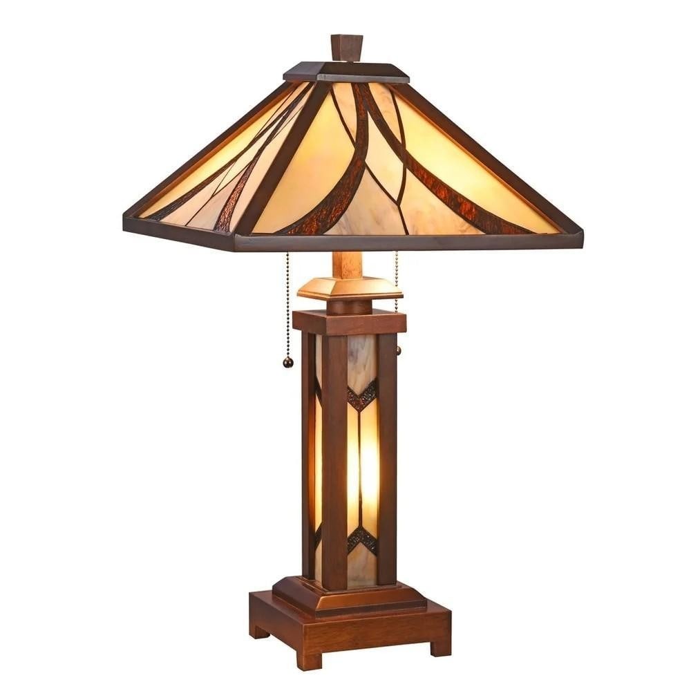 Triple-Light Tiffany-Style Art Glass Table Lamp - Dark Walnut Finish: Triple-Light Tiffany-Style Art Glass Table Lamp - Dark Walnut Finish Tiffany-style double-lit table lamp featuring a dark walnut finish designed to complement a variety of interiors. The shade is hand