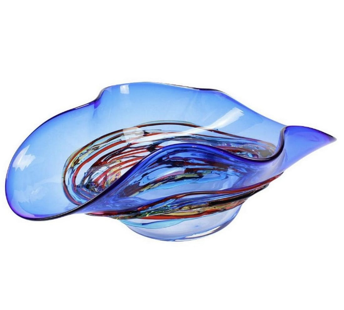 Blue Sombrero Glass Vase Centerpiece - Venetian Craftsmanship: Blue Sombrero Glass Vase Centerpiece - Venetian Craftsmanship Handcrafted centerpiece featuring blue, red, and yellow fused glass on a light blue base. Made using the unique "sbruffi" techniqu